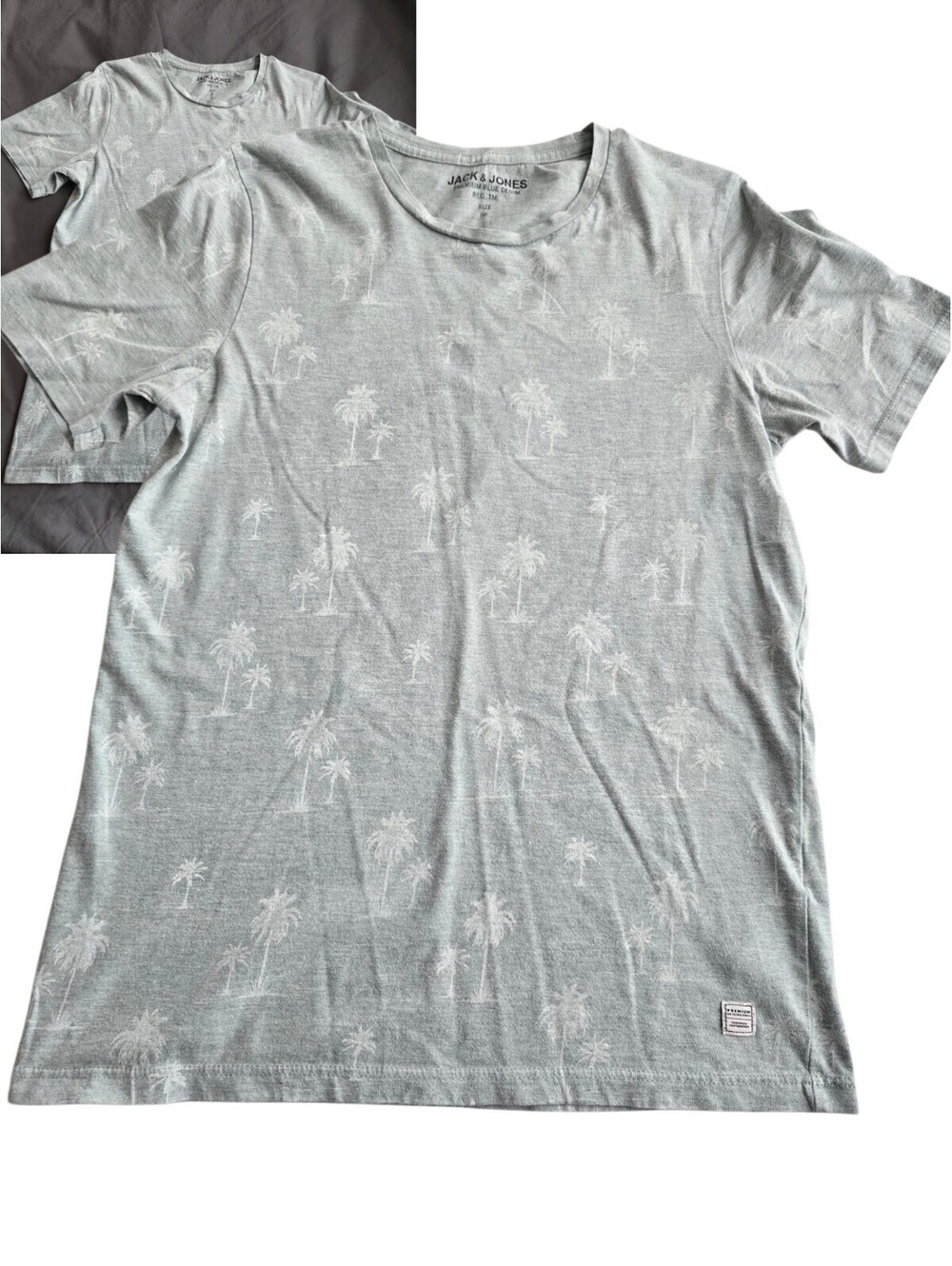 Jack & Jones Premium Blue Denim Medium Gray Palm Tree Print T-Shirt